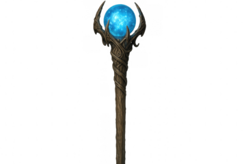 Magic staff with glowing blue orb on transparent background, perfect for fantasy games or illustrations