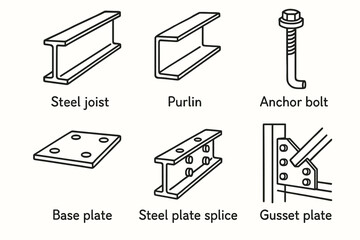 Steel structural elements: joist, purlin, anchor bolt, base plate, steel plate splice, gusset plate diagrams