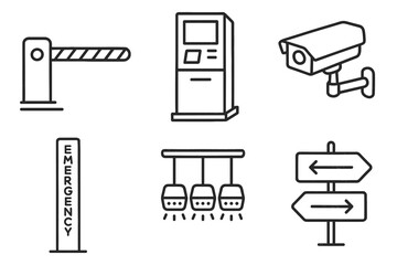 Security and navigation icons - barrier, kiosk, camera, emergency post, lights, signpost