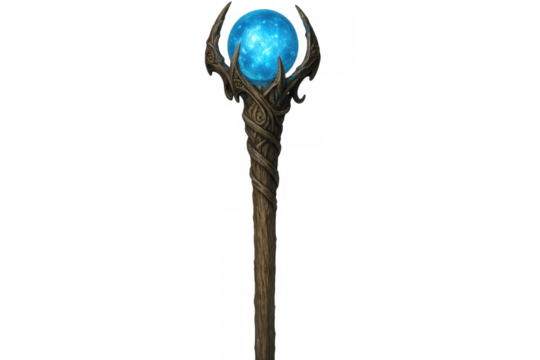 Magic staff with glowing blue orb on transparent background, perfect for fantasy games or illustrations