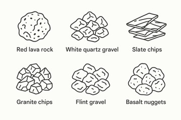 Illustrated collection of various gravel and rock types: lava, quartz, slate, granite, flint, basalt