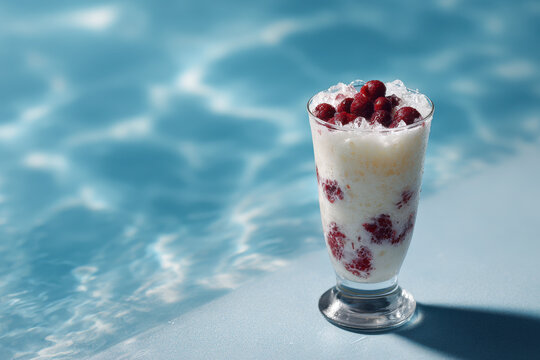 creamy cocktail named dreamy cream with berry accents elegantly placed by poolside