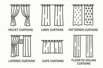 Obraz premium Different types of curtains: velvet, linen, patterned, layered, cafe, floor-to-ceiling