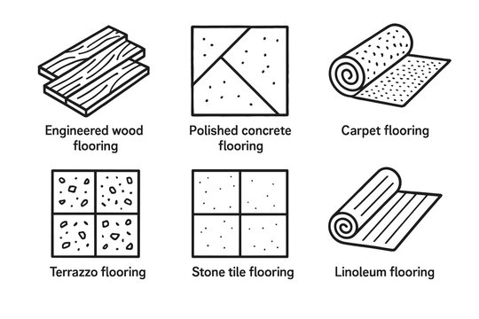 Types of flooring: wood, concrete, carpet, terrazzo, stone, linoleum