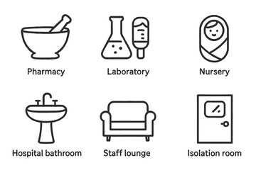 Healthcare facility icons: pharmacy, laboratory, nursery, hospital bathroom, staff lounge, isolation room