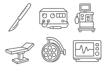 Medical equipment line art - scalpel, machine, chair, monitor