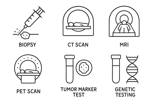 Medical diagnostic icons: biopsy, ct scan, mri, pet scan, tumor marker test, genetic testing