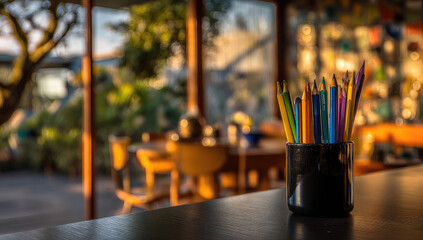 Colored pencils in a dark container on a table, with a blurred outdoor setting