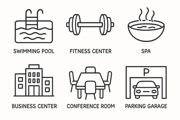 Icon set: swimming pool, fitness center, spa, business center, conference room, parking garage