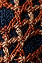 Closeup of a textured fabric with blue orange and beige yarns