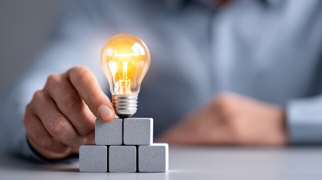 Business Concept With Hand Stacking Cubes and Glowing Lightbulb