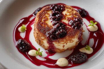 Welsh Rarebit, cheese on toast on white plate garnished with toppings. Concept of Welsh Rarebit highlighting culinary tradition and comfort food appeal.