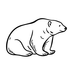 Black and white line art illustration of a sitting polar bear on white background