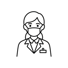Simple line art icon of a female doctor wearing a medical face mask
