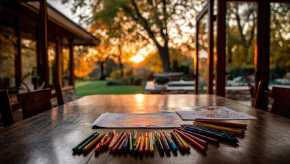 Sunset, art supplies, patio, wooden table