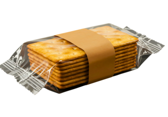 Stack of crackers in plastic packaging with paper band isolated on transparent background