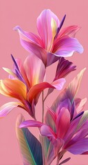 Fototapeta premium Vibrant, stylized flowers in hues of pink, orange, and purple on a soft pink background