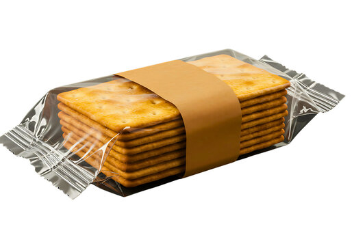 Stack of crackers in plastic packaging with paper band isolated on transparent background