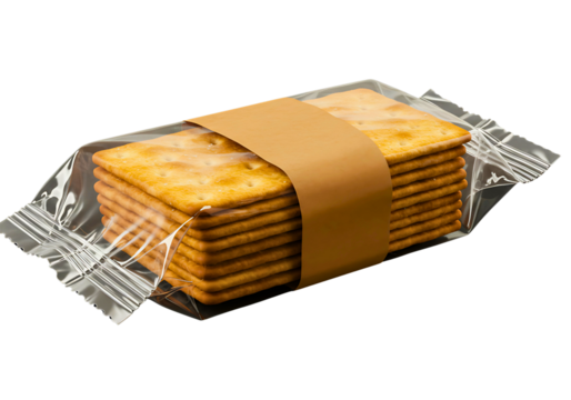 Stack of crackers in plastic packaging with paper band isolated on transparent background