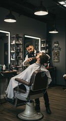 Male Barber Shaving Client in Modern Barbershop with Bright Lighting and Mirrors