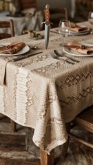 Rustic Dining Table Set with Textured Tablecloth and Decorative Knife