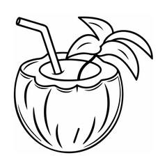 Black and white line art coconut drink with straw and palm leaves