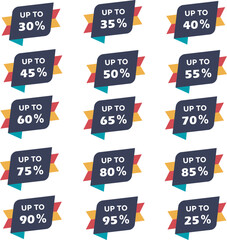 Discount Percentage Banners Up to 25 30 45 50 60 65 70 75 80 85 90 95% Off Sale Labels