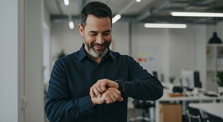 Smiling businessman checks his smartwatch in a modern office, feeling confident and in control.