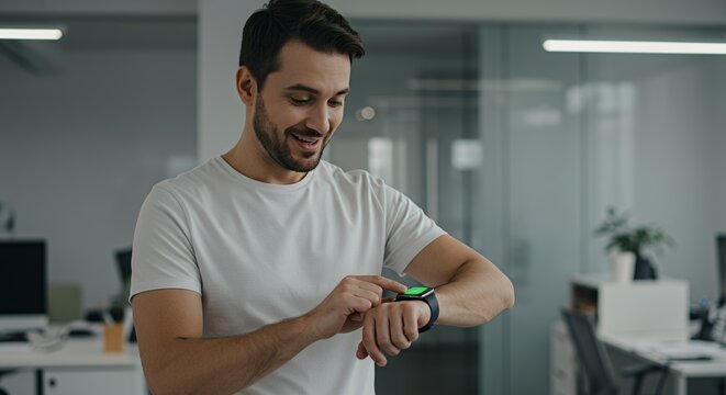 Smiling Man Checks Smartwatch in Modern Office, Green Screen Display - Powered by Adobe