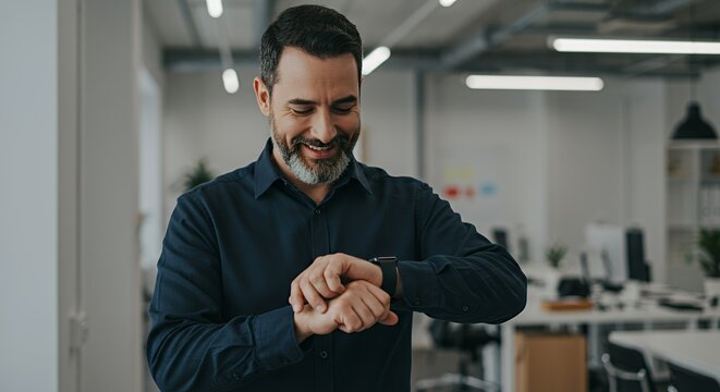 Smiling businessman checks his smartwatch in a modern office, feeling confident and in control.