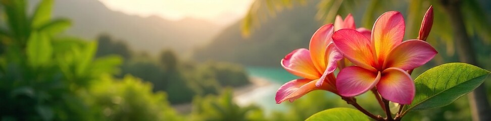 Fototapeta premium Lush Hawaiian Frangipani Blossoms in Warm Sunlight Idyllic Tropical Scene