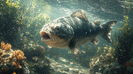 Fototapeta premium Large fish swimming in underwater scenery.