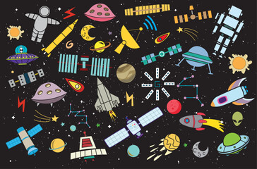 abstract illustration space solar system moon astronaut planet rocket earth cosmonaut comet universe orbit technology hand drawn comic
