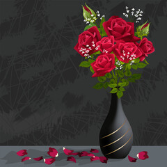 A bouquet of red roses in a vase.Vector illustration with bouquet of red roses in black vase on table with petals.