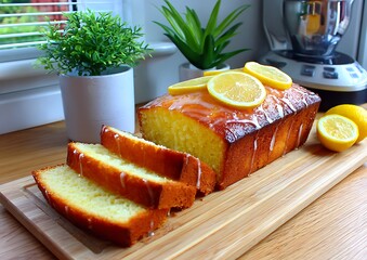 Lemon loaf cake, sliced and glazed
