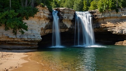 Naklejka premium Waterfall at the beach. Image of waterfall at the beach taken at Pictured Rocks National Lake-shore, Michigan, US
