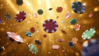 Vibrant Falling Casino Chips with Bright Light Background