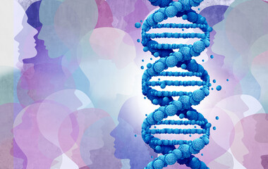 Futuristic concept of artificial human DNA with digital double helix biotechnology, and genetic code in abstract molecular structure.