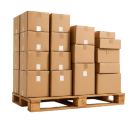 Stacked Cardboard Boxes on a Wooden Pallet for Storage and Shipping Purposes, Isolated on Transparent and White Background