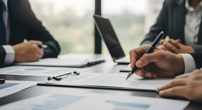 Business meeting with signing of a contract. Close up on hand signing official paper documents.