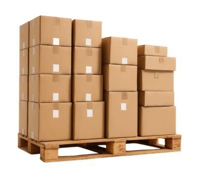 Stacked Cardboard Boxes on a Wooden Pallet for Storage and Shipping Purposes, Isolated on Transparent and White Background - Powered by Adobe