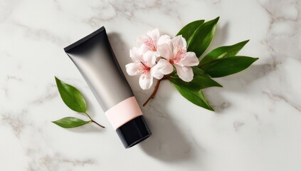 Black tube cream with pink accents,  floral sprig