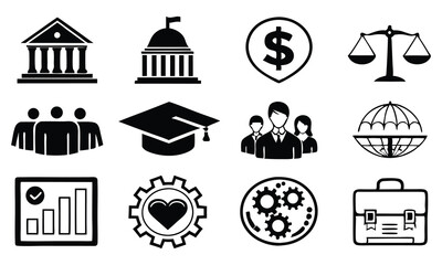 Collection of twelve black and white icons representing various concepts like government finance education teamwork law and business suitable for presentations and design
