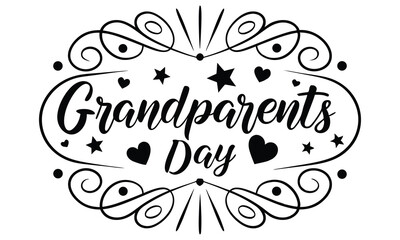 Elegant black and white calligraphy design for grandparents day featuring the words grandparents day surrounded by decorative swirls hearts and stars on a white background