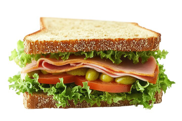 Delicious Ham and Lettuce Sandwich with Tomato and Pickles on Whole Wheat Bread isolated on a transparent background