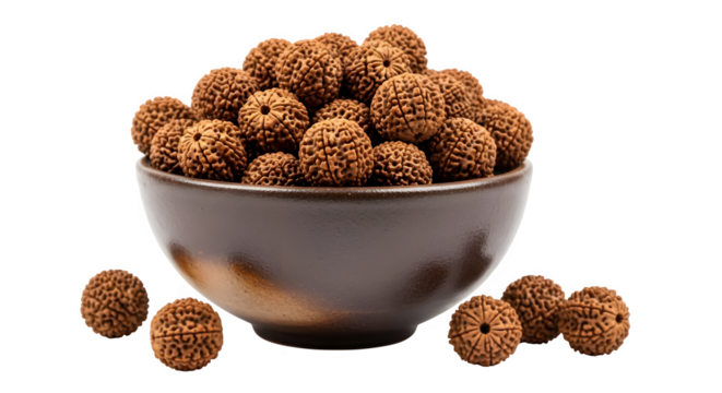 Rudraksha beads in bowl spiritual hinduism meditation beads prayer beads brown beads religious jewelry 100 on transparent background