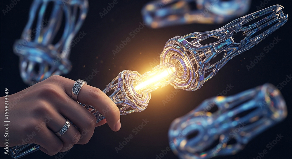 Fototapete a hand holding a futuristic device emitting a bright light with other similar objects floating aroun