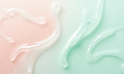 Delicate swirls of translucent skincare gel in blush and mint tones, creating a serene and refreshing visual.