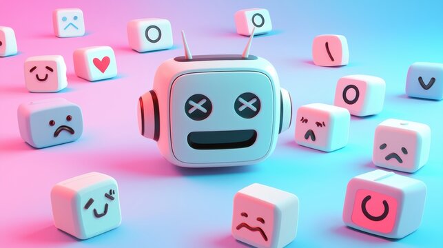 A 3D robot head with a deadpan expression surrounded by cubes displaying various emoticons in a pastel blue and pink gradient setting, AI dating application