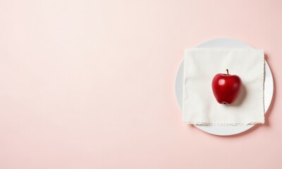 Flat lay with a single red apple, white plate, and napkin on a soft pink tablecloth.